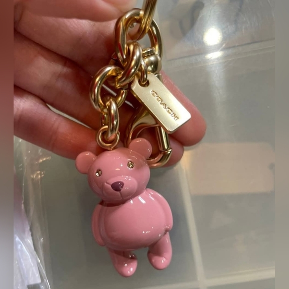 Coach Pink Teddy Bear Keychain with Gold Accents - Picture 2 of 4